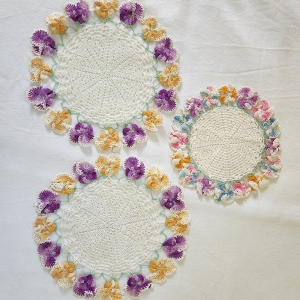 3 Vintage, hand crocheted doilies, pansy pattern